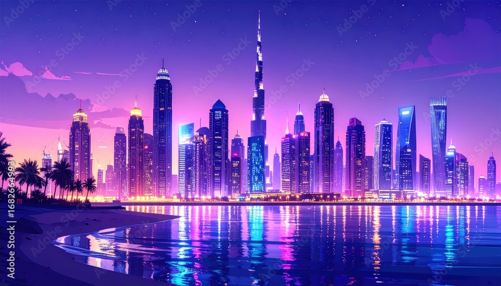 Fototapeta premium A vivid skyline at dusk, reflected in calm water, with a beach and palm trees in the foreground, showcasing a vibrant, futuristic, urban scene