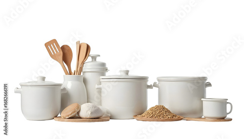 White ceramic kitchenware set with wooden utensils, flour and grains — rustic minimalist pantry storage and food-prep still life for ecommerce, recipe blogs, white background png