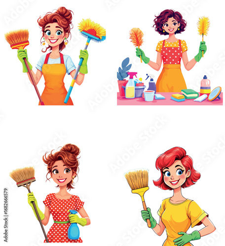 Vsai four smiling cleaning ladies holding cleaning supplies