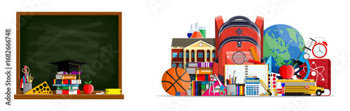 Back to school, education and learning blackboard with college accessories and school supplies. Modern flat vector illustration for student education, back to school background, study, learning