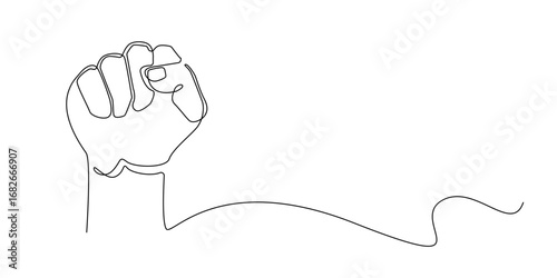 Continuous line drawing of a raised fist symbolizing strength, unity, power, protest, and resistance. Minimalist hand gesture illustration for freedom, revolution, solidarity, and empowerment concepts