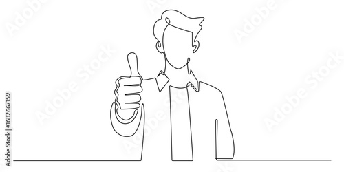Continuous line drawing of a man showing thumbs up hand gesture, symbolizing OK, approval, success, and positivity in minimalist style. Perfect for business, motivation, and teamwork concepts.