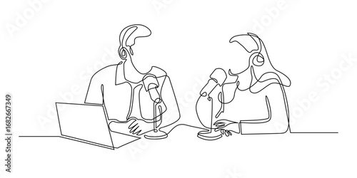 Continuous line drawing of a man and woman podcasting together with microphones and headphones.Minimalist illustration of talk show, interview, online streaming and digital content