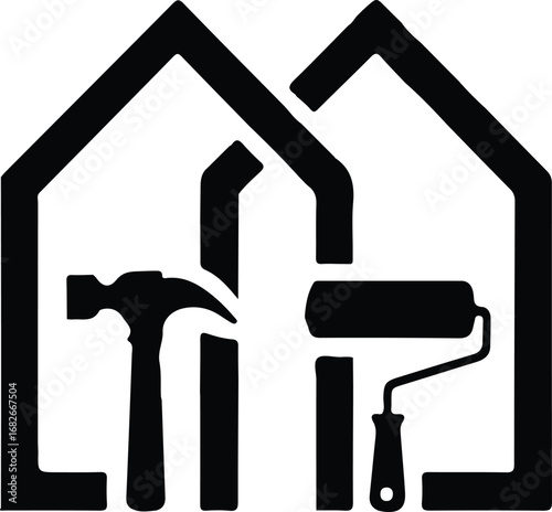 Overlapping Houses with Renovation Tools Logo