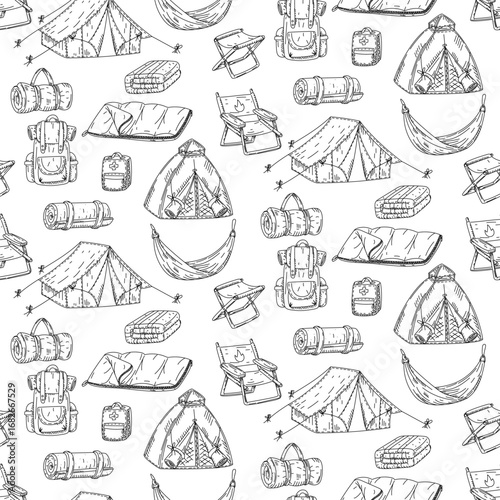 Pattern of Tourist accessories for convenience, doodles. Tents, bags, backpacks, chairs, mattresses. Graphics, engraving, shading in seamless texture. Black ink, marker. Picnics, hikes, camping