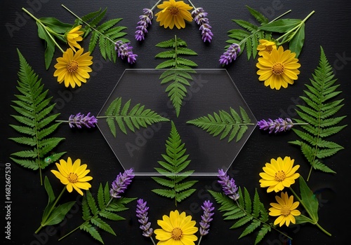 An artistic flat lay of assorted flowers and foliage—yellow blossoms, purple lavender, and fern leaves—arranged symmetrically on a black surface.