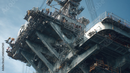 Massive aircraft carrier superstructure under construction with scaffolding and workers against blue sky