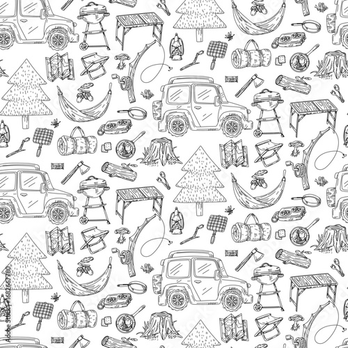 Pattern of Tourist items, scribbles. Car, refrigerator, fishing rod, thermos, knife, hat, flask. Graphics, engraving, and shading in a seamless texture. Black ink, marker. Picnic, hiking, camping