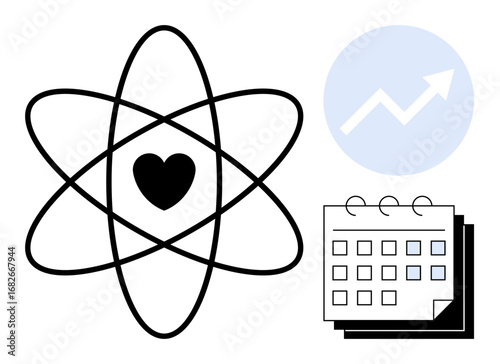 Atomic structure with heart center, upward arrow in circle showcasing growth, stacked calendar for planning. Ideal for science, wellness, strategy, progress, love, future planning simple flat