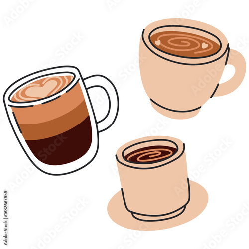 Vector illustration set with different hot coffee cups including espresso and latte, flat style icons for menu and cafe branding