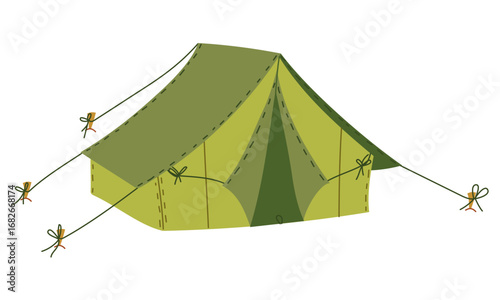 large tent is set up. Tied strings. pegs. flat isolated color illustration. wide house for temporary outdoor stays. fabric covering. Standing sideways. Design for postcards. Picnics, hikes, camping