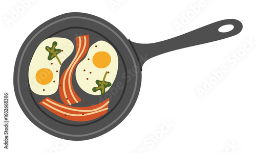 Frying pan with breakfast. Eggs, bacon, and greens. Flat, isolated color illustration. Cast-iron frying pan with handle. Cooking outdoors. Top view. Design for postcards. Picnics, hikes, and camping