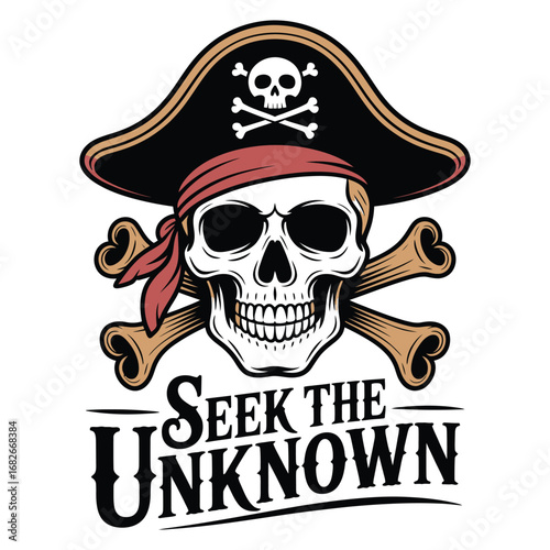 Pirate Skull with 'Seek the Unknown' Motto