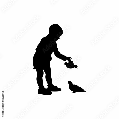 Silhouette of a child feeding pigeons in a park on a white background