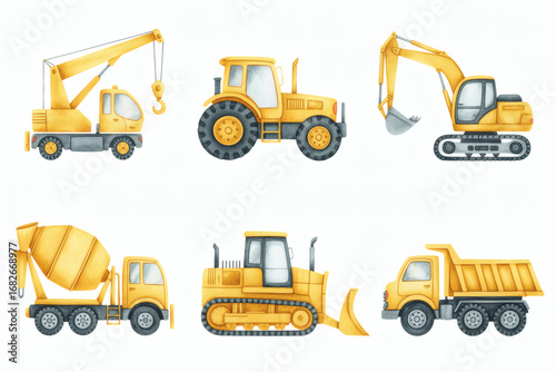 Watercolor construction vehicle set with crane, tractor, excavator isolated on white background
