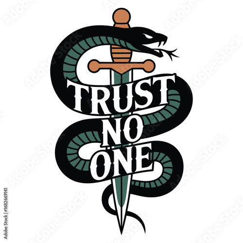 Dynamic snake coiled around a dagger with the bold text "TRUST NO ONE" symbolizing caution and resilience for impactful designs
