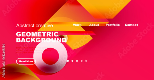 Abstract geometric design. Vibrant red, orange hues dominate. Website header includes navigation options, text sample, button. Modern aesthetic.