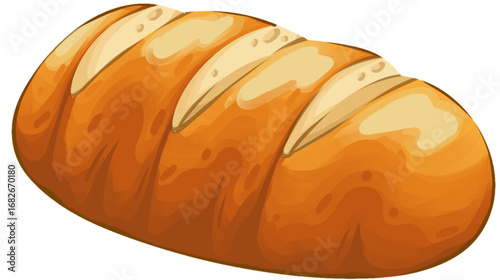 A golden-brown loaf of bread, freshly baked, with detailed textures and highlights.