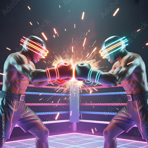 Neon boxing match Two futuristic fighters clash in a vibrant ring sparks flying as they compete in this intense stylized combat sport arena