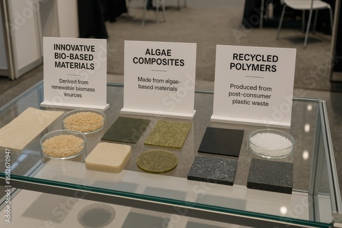 Display of innovative bio-based materials, algae composites, and recycled polymers showcased on a transparent table in a modern expo.