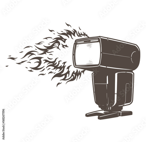 Vintage illustration of a camera flash with fiery light burst and photographic equipment