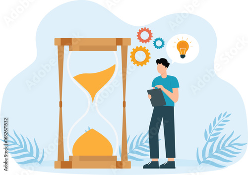 The businessman stands beside the big clock, Manages time and achieves success with his business, Financial success and time management concept,

