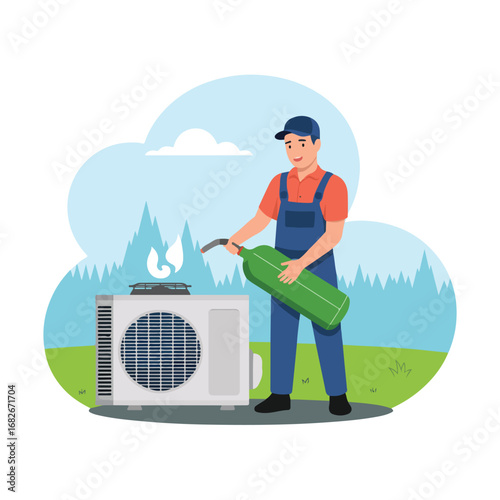 Man in uniform repairs air conditioner unit on a sunny day outdoors