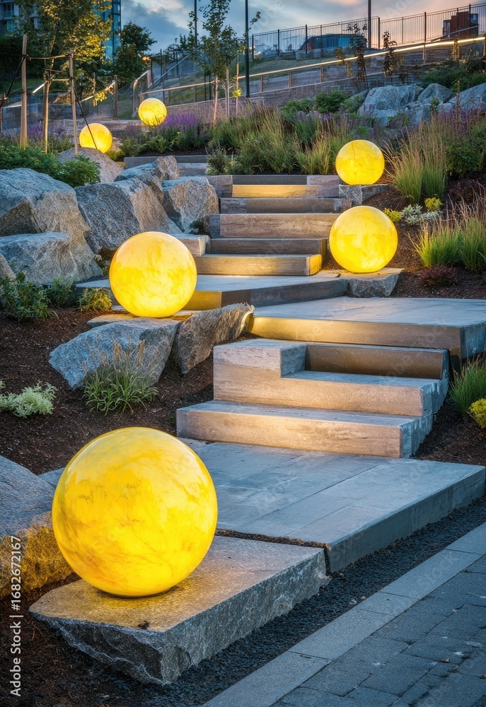 Fototapeta premium A landscaped walkway with tiered stone steps and luminous sphere lighting illuminates the pathway at dusk.