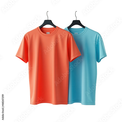 Two vibrant, plain t-shirts, one coral, the other sky blue, hang on black hangers against a dark background, showcasing a modern fashion presentation.
