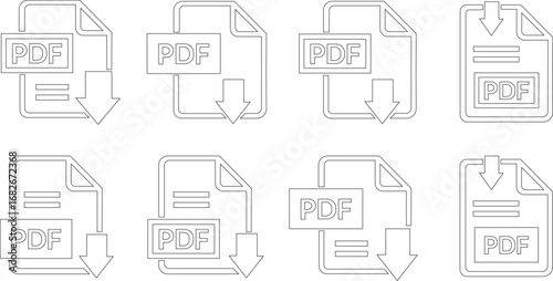 PDF file format icons set. PDF file download symbols. Format for texts, images, vector images, videos, interactive forms, Vector illustration !