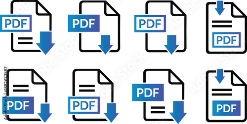 PDF file format icons set. PDF file download symbols. Format for texts, images, vector images, videos, interactive forms, Vector illustration !