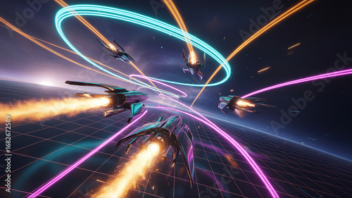 Futuristic spaceships soar through a neon grid landscape leaving trails of fire and light in a vibrant highspeed chase scene creating a dynamic view