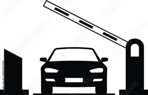 Car Entering Secure Parking Garage Black and White Icon