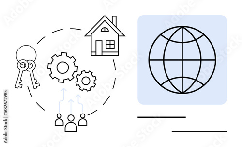 Keys, gears, and house connected in a collaborative process with globe representing global reach. Ideal for real estate, teamwork, globalization, innovation, community building, property management