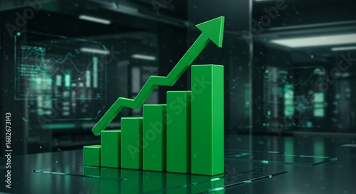 3D illustration of a green upward bar chart with a futuristic modern background, symbol of financial growth.