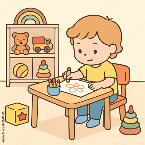 Playroom Scene with Child Coloring Vector Cartoon