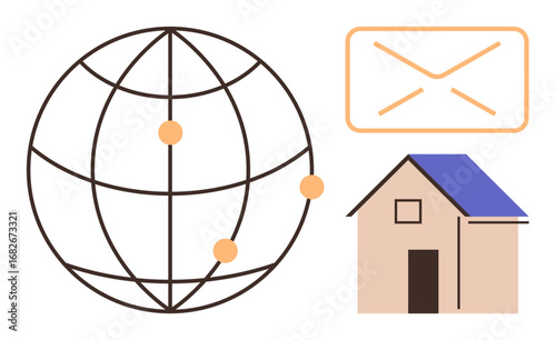 Globe with connection points, envelope representing email, and house icon for remote work and global communication. Ideal for technology, networking, remote work, digital connection, globalization