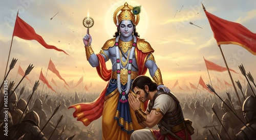 Lord Krishna guiding Arjuna on the battlefield of Kurukshetra with Sudarshan Chakra in hand, epic Mahabharata scene symbolizing Bhagavad Gita teachings of dharma, duty, and devotion