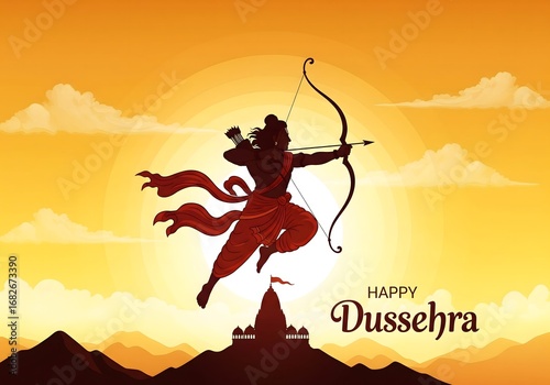 Happy Dussehra illustration of Lord Rama aiming bow and arrow against golden sunset sky, symbolizing victory of good over evil with traditional Indian festival background and mountains