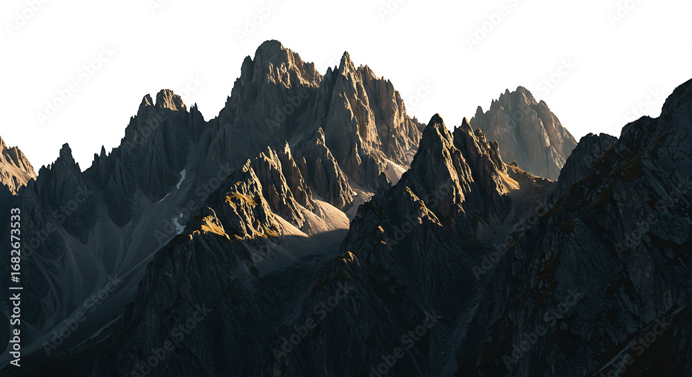 Fototapeta premium Jagged mountain peaks illuminated by golden sunlight creating dramatic shadows against a bright white background isolated on white background