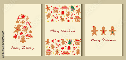 Set of gingerbread cookies posters. Vector for flyers, postcards, design, social media, and advertising.

