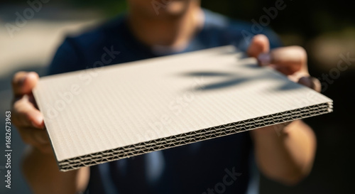 Hands present a sheet of corrugated card
