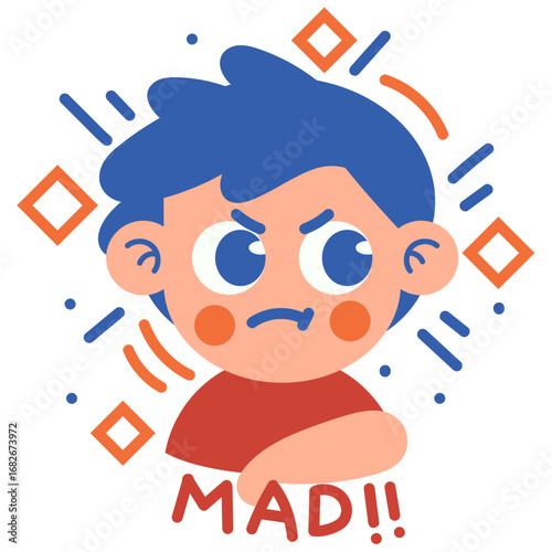 Cartoon boy with angry expression, displaying frustration,  and the word "MAD!!".