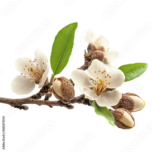 Almond blossoms and nuts on branch spring nature botany, isolated on a transparent background