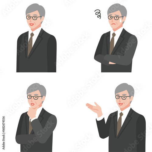 様々な表情のスーツ姿のシニア男性