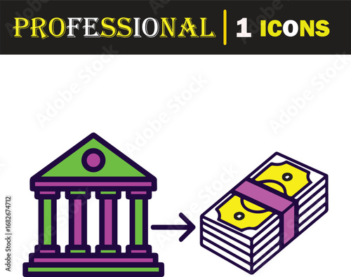 Vector art of financial transaction icon showing money transfer from bank building to stack of cash