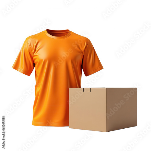 An orange t-shirt is positioned next to a tan cardboard box against a black backdrop.