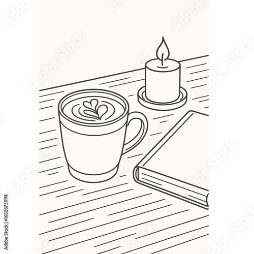 Coffee latte with book and vintage lamp on wooden table.