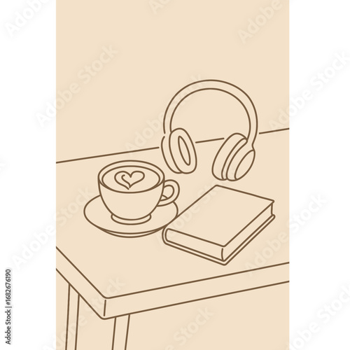 Clean line vector illustration of a coffee latte with a book and wireless earbuds on a wooden table