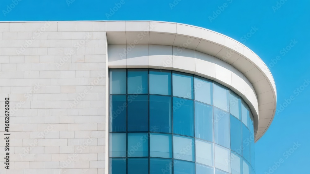 Obraz premium Modern Building Facade with Curved Glass Windows Against a Clear Blue Sky